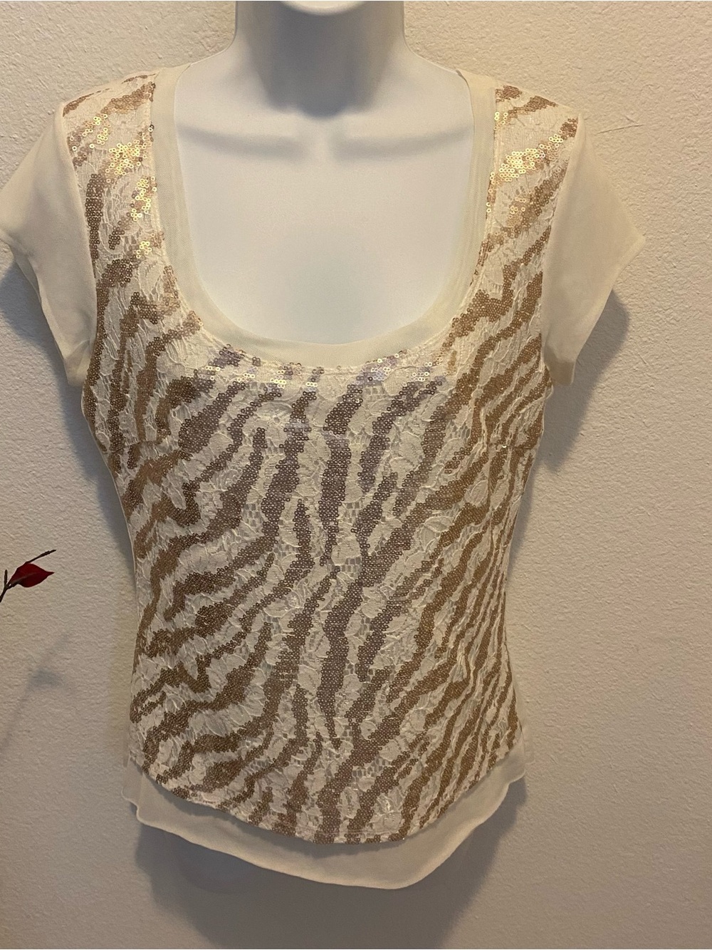 bebe Short Sleeve Pullover Blouse Top Lined Sequin and Lace Sparkly Front Size S